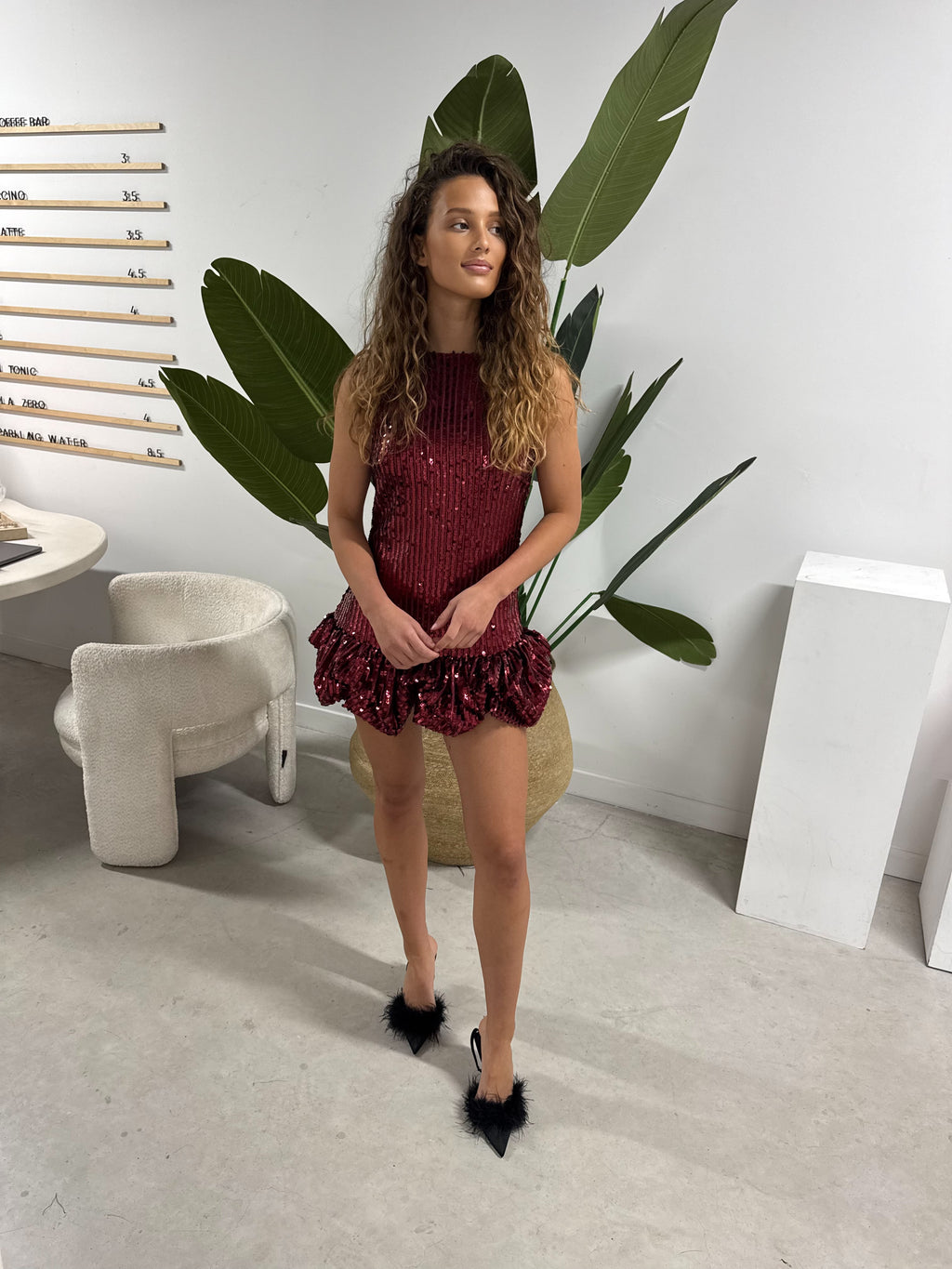 Glitter Puffer Dress Bordeaux